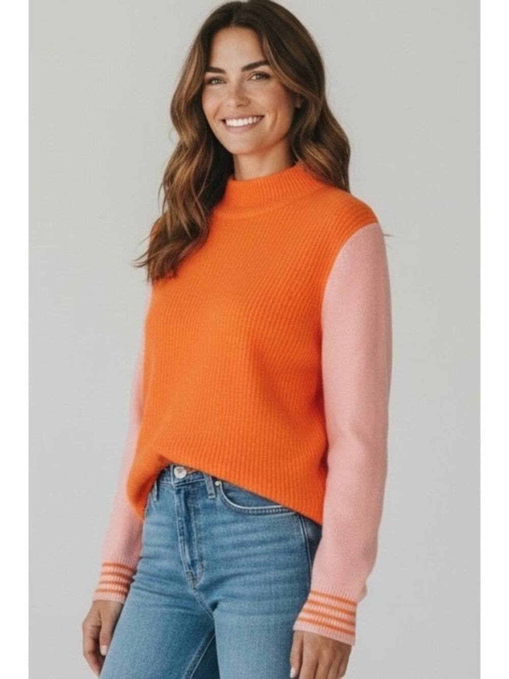 THML Orange + Pink Colorblock Mock Neck Long Sleeve Women's Sweater Size Small